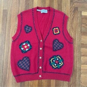 Red Cottage Core Vintage Knit Vest with Heart and Floral Patterns